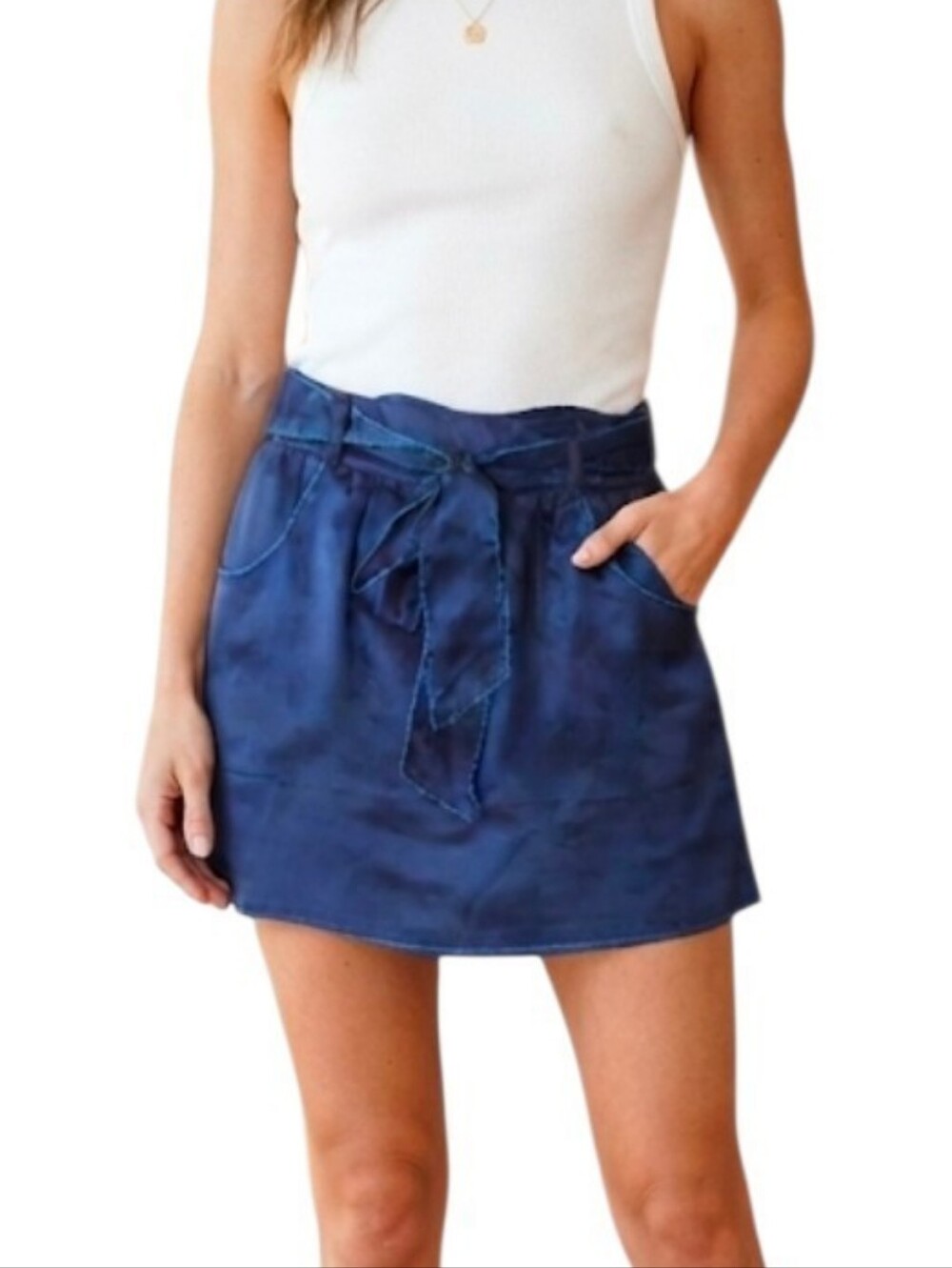 XXI 100% Silk Mini Skirt Size S/P Navy Blue Tie Waist Pockets